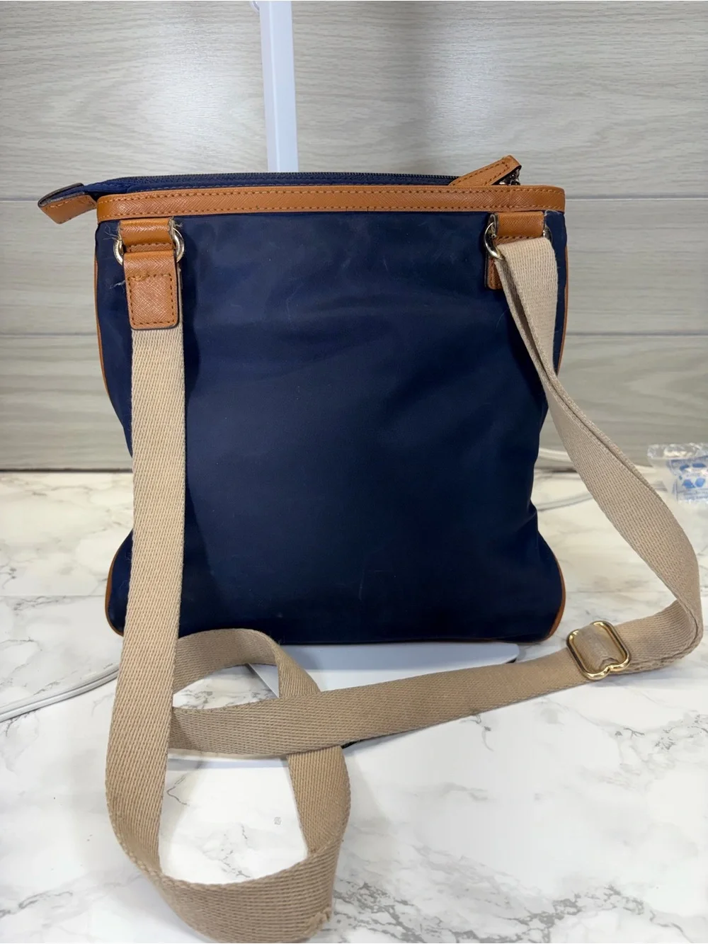 Michael Kors Navy Crossbody with Tan Trim and Gold Accents